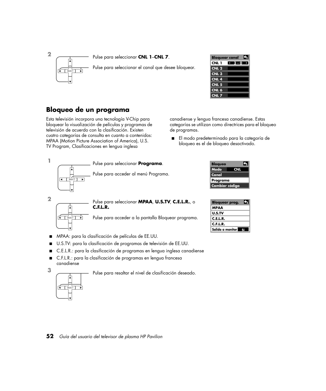 HP PE4200N 42 inch manual Bloqueo de un programa, Pulse para seleccionar CNL 1- CNL, L.R 