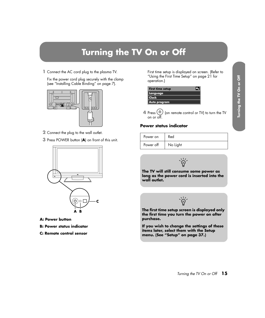 HP PE4200N 42 inch manual Turning the TV On or Off, Power status indicator 