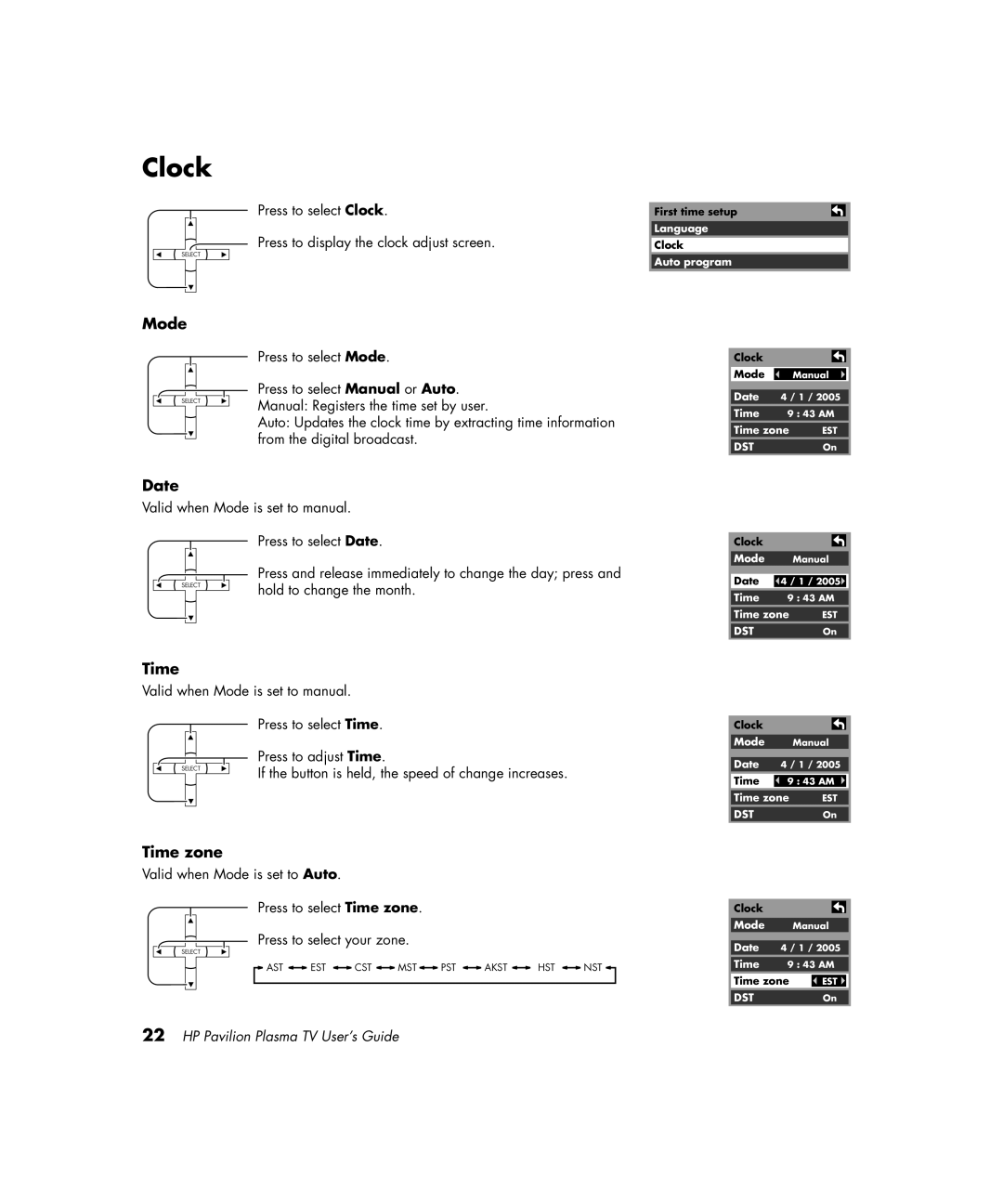 HP PE4200N 42 inch manual Clock, Mode, Date, Time zone 