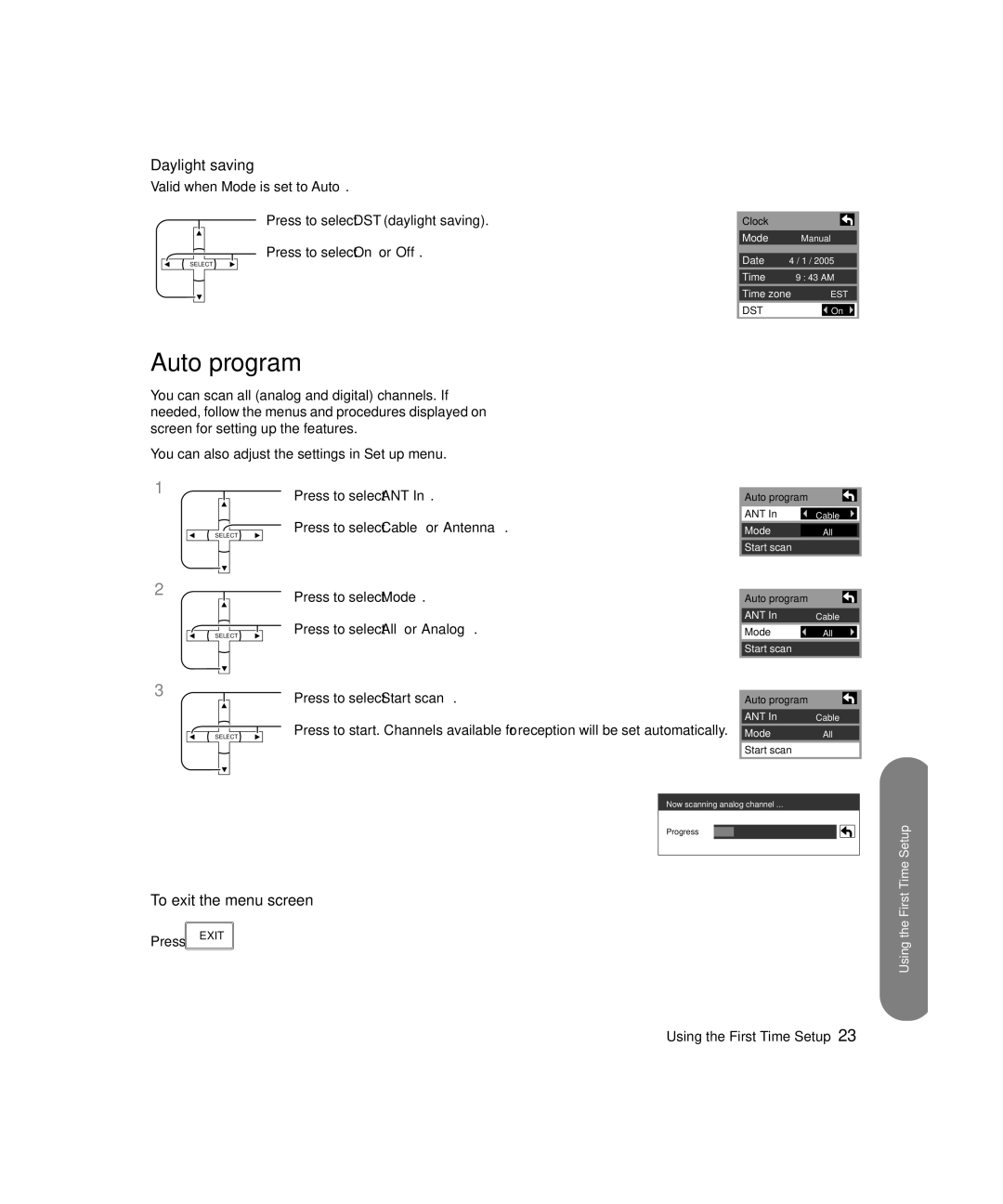 HP PE4200N 42 inch manual Auto program, Daylight saving, To exit the menu screen 