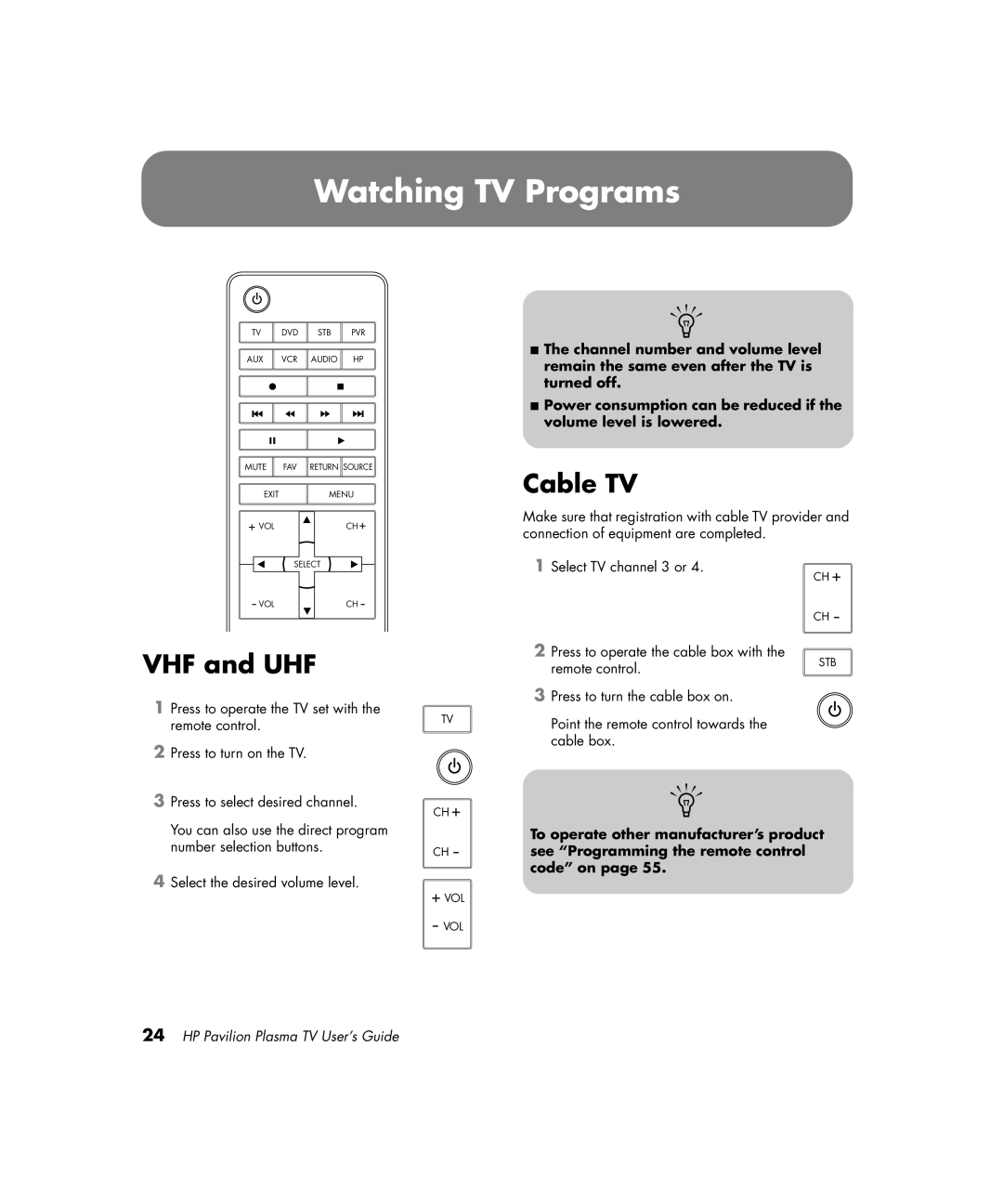 HP PE4200N 42 inch manual Watching TV Programs, VHF and UHF, Cable TV 