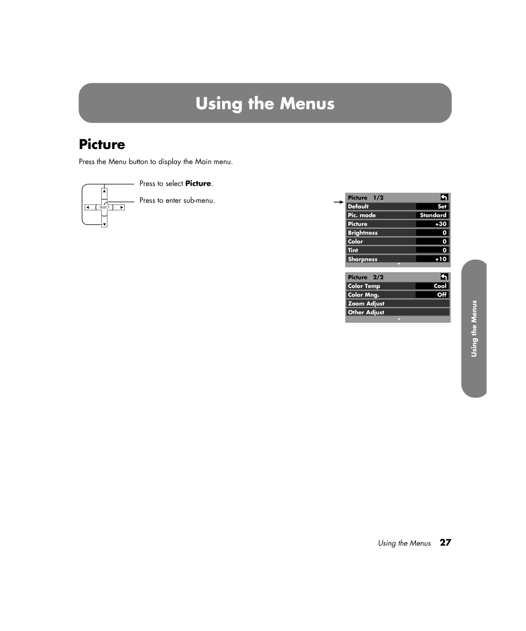 HP PE4200N 42 inch manual Using the Menus, Picture 