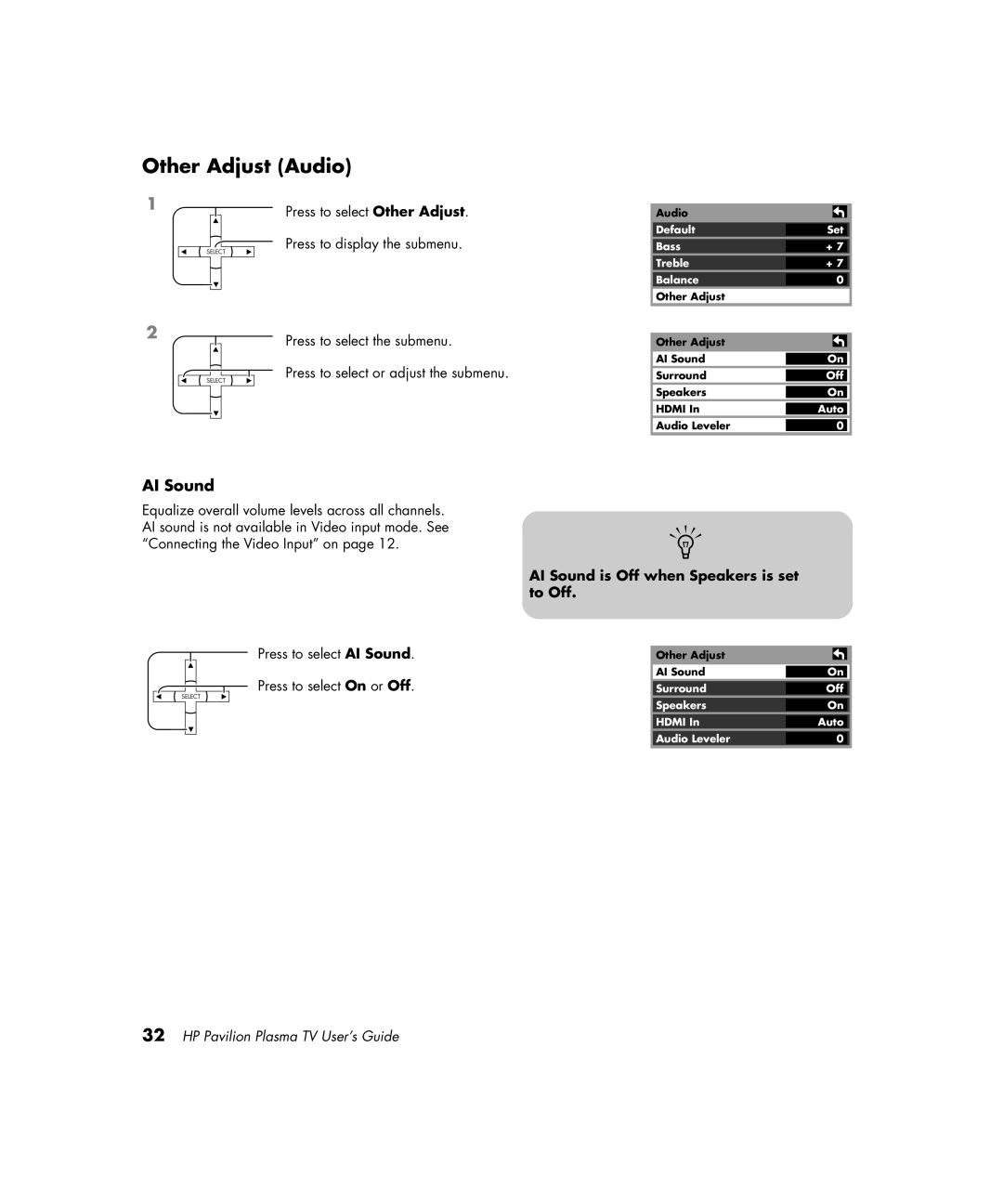 HP PE4200N 42 inch manual Other Adjust Audio, AI Sound is Off when Speakers is set to Off 