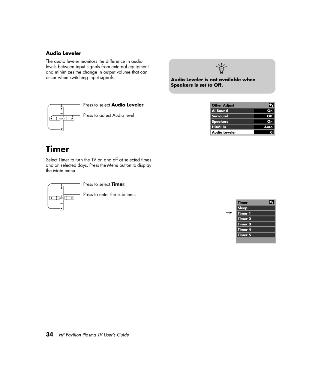 HP PE4200N 42 inch manual Timer, Audio Leveler is not available when Speakers is set to Off 