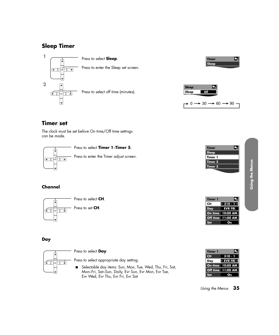 HP PE4200N 42 inch manual Sleep Timer, Timer set, Channel, Day 