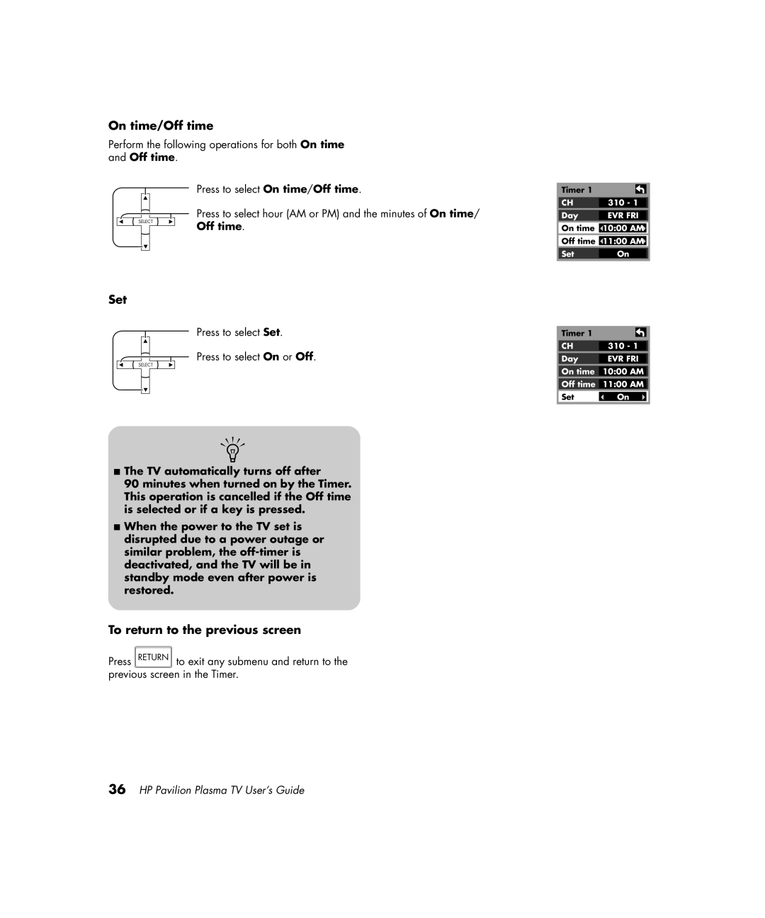 HP PE4200N 42 inch manual On time/Off time, Set, To return to the previous screen 