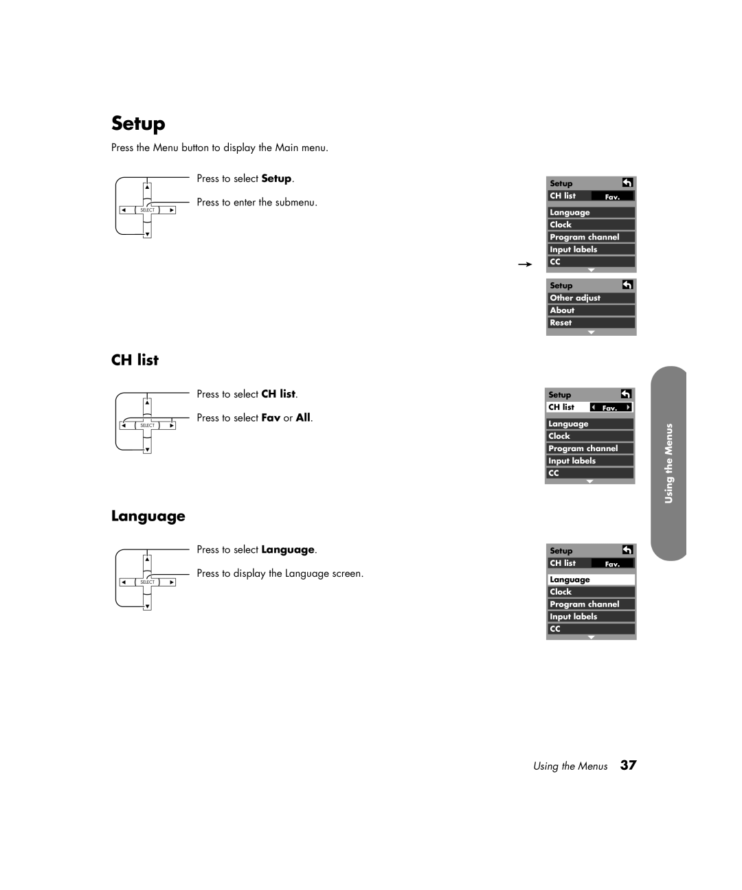 HP PE4200N 42 inch manual Setup, CH list, Language 