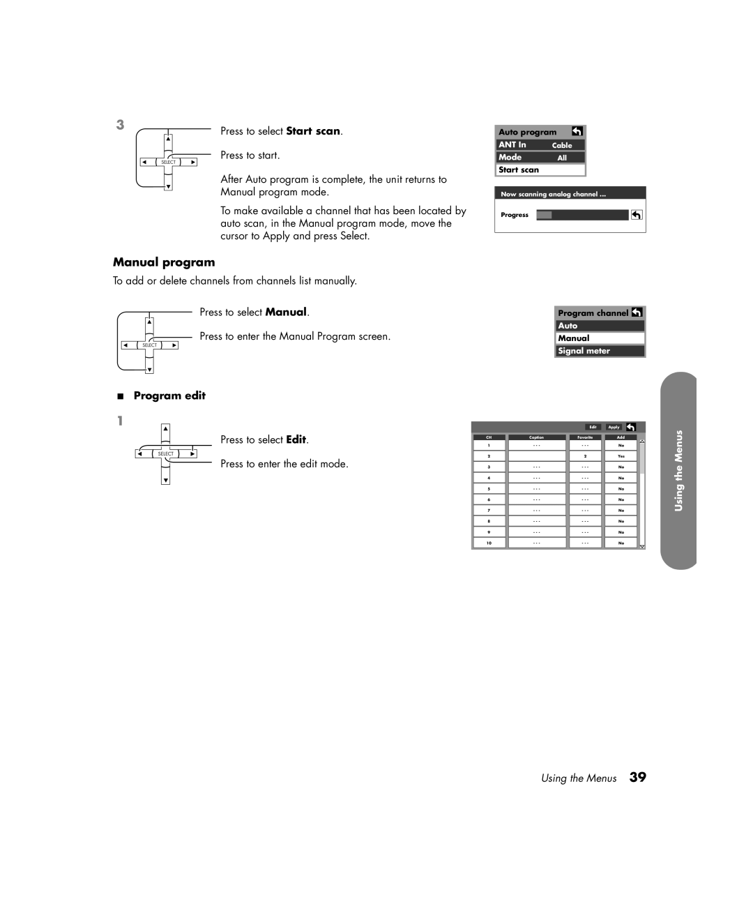 HP PE4200N 42 inch manual Manual program, Program edit 