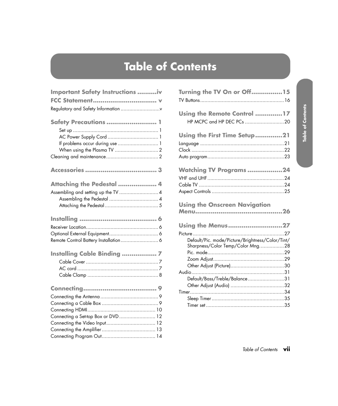 HP PE4200N 42 inch manual Table of Contents 