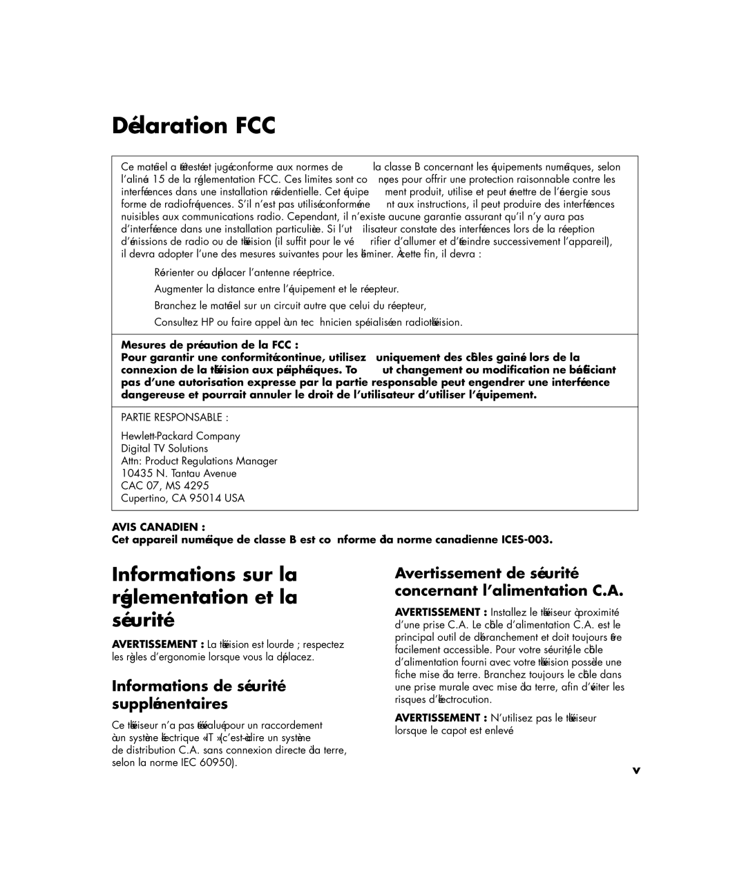 HP PE4200N 42 inch manual Informations sur la réglementation et la sécurité, Informations de sécurité supplémentaires 