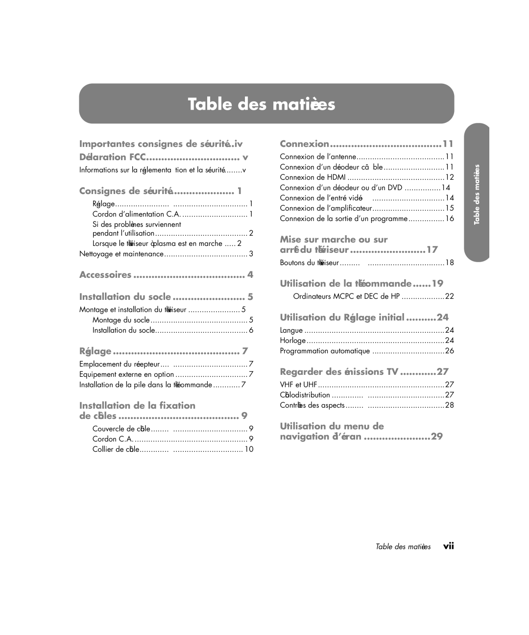 HP PE4200N 42 inch manual Table des matières, Consignes de sécurité 