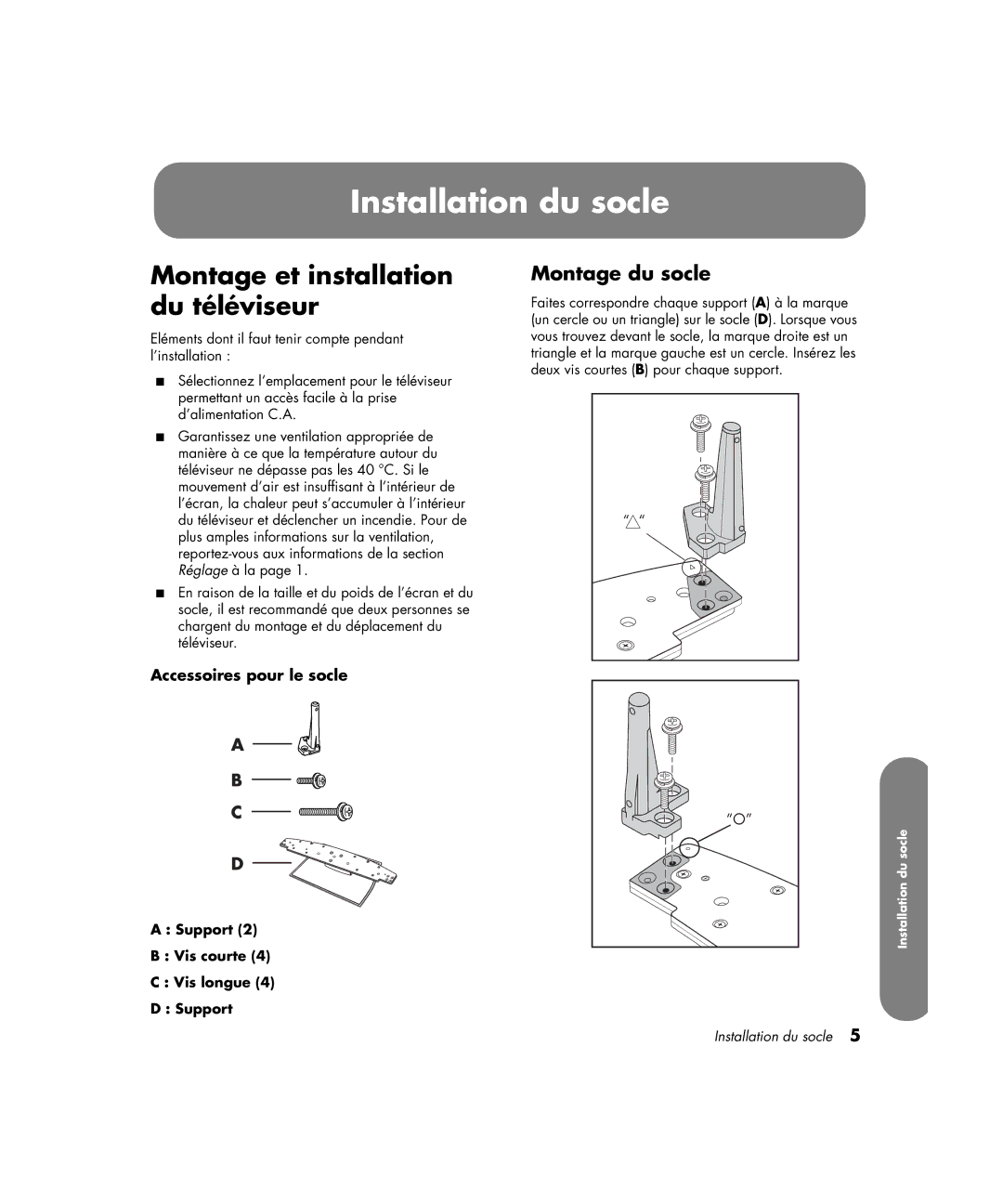 HP PE4200N 42 inch manual Installation du socle, Montage et installation du téléviseur, Montage du socle 