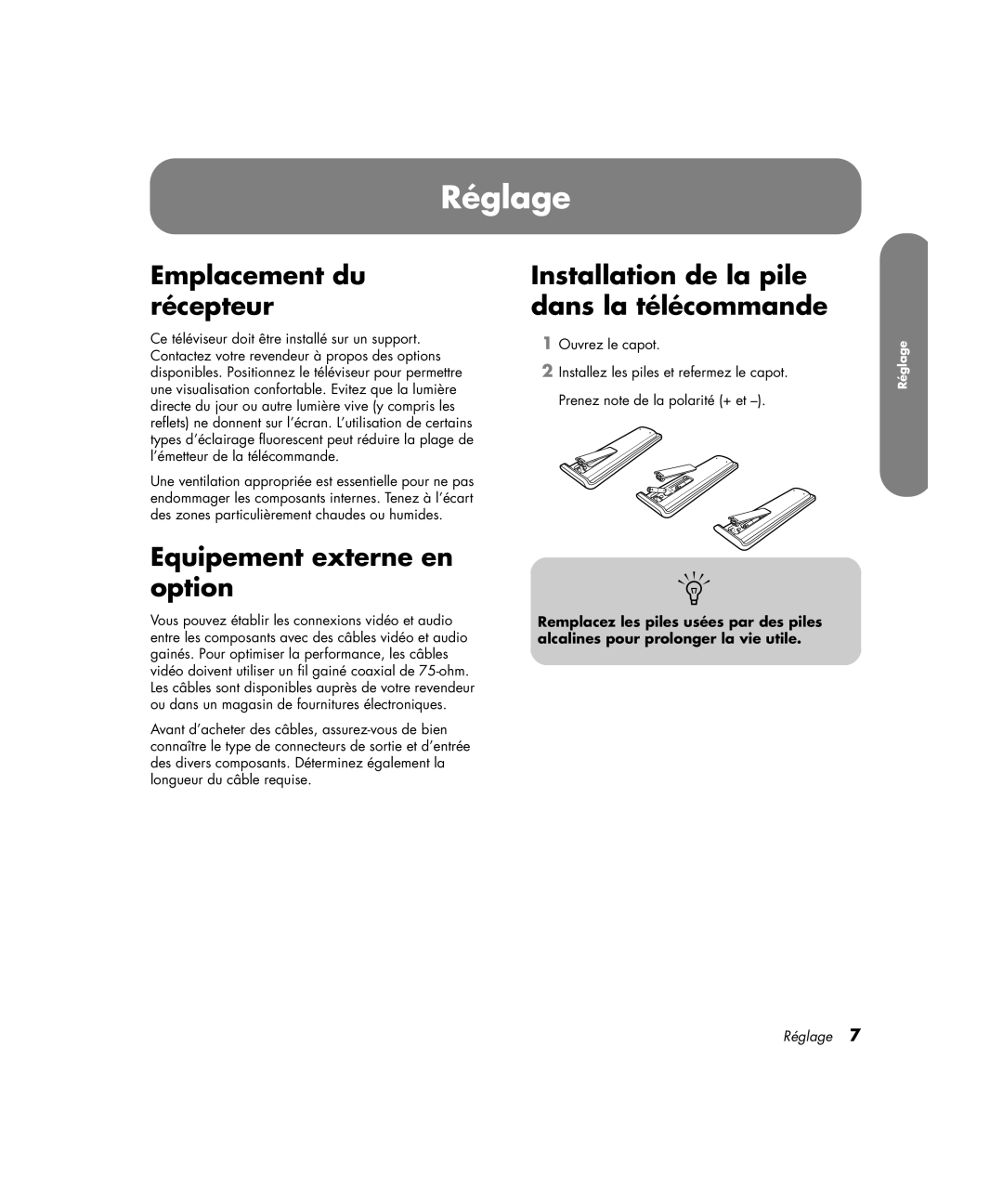 HP PE4200N 42 inch manual Réglage, Emplacement du récepteur, Equipement externe en option 