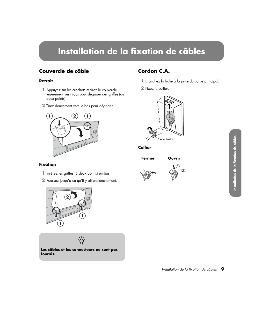 HP PE4200N 42 inch manual Installation de la fixation de câbles, Couvercle de câble, Cordon C.A 