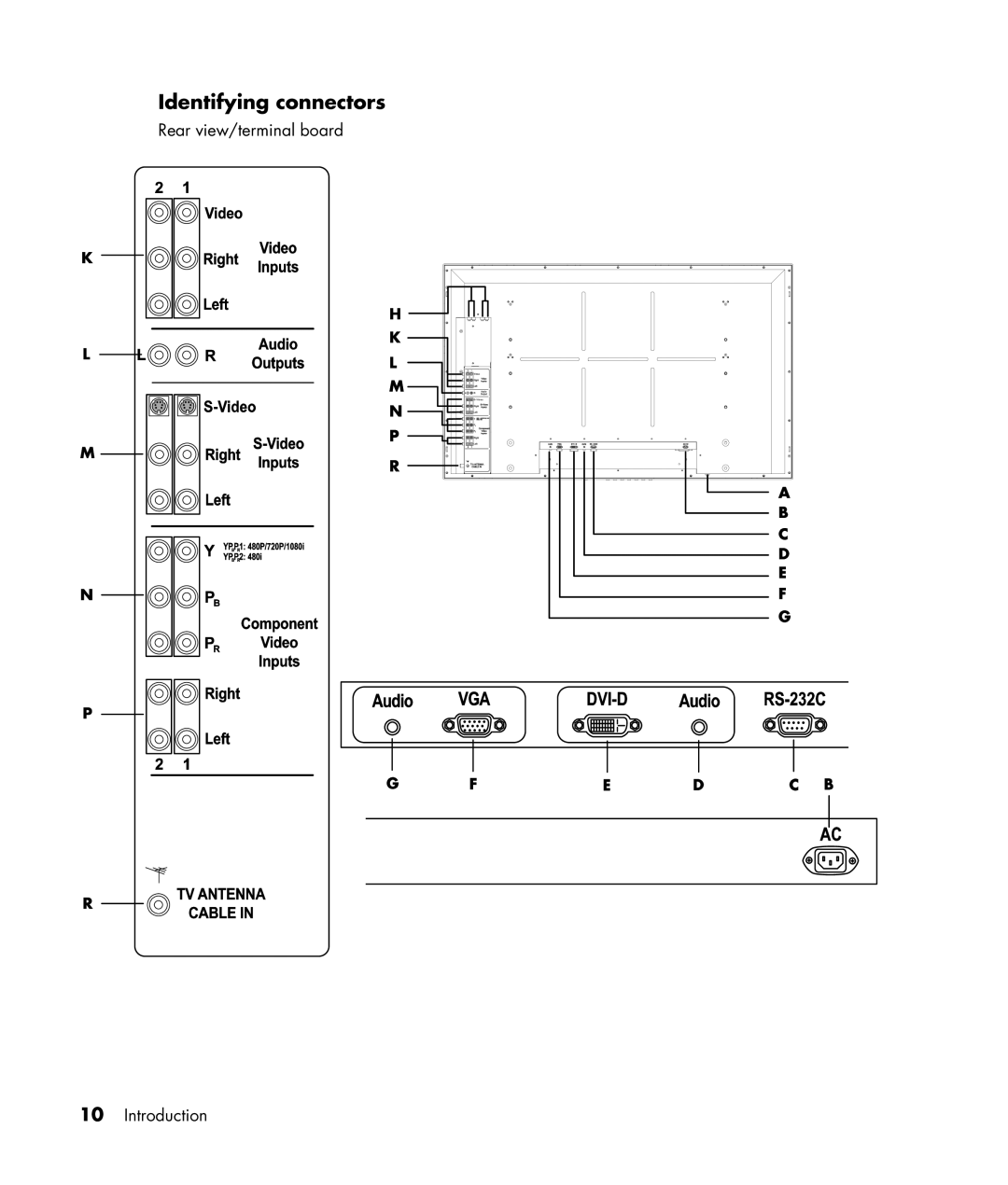 HP PE4240N 42 inch manual Identifying connectors, Rear view/terminal board Introduction 