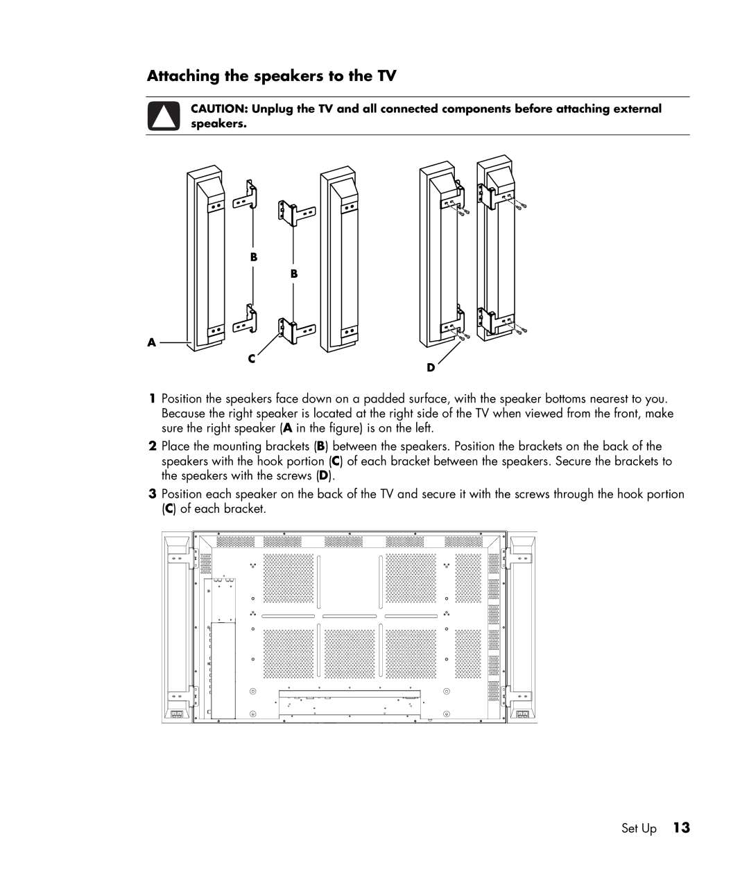 HP PE4240N 42 inch manual Attaching the speakers to the TV 