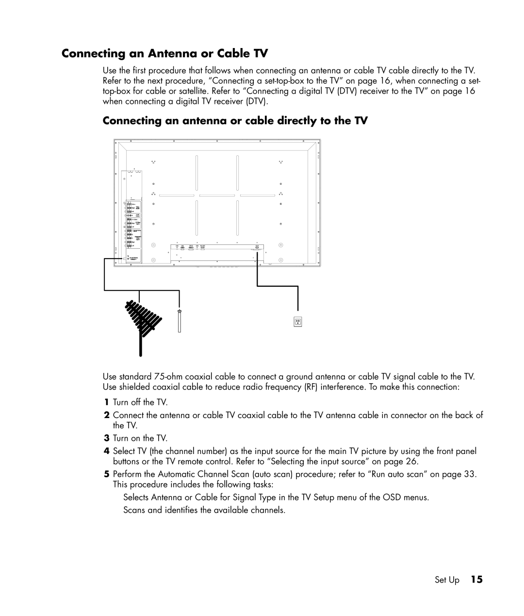 HP PE4240N 42 inch manual Connecting an Antenna or Cable TV, Connecting an antenna or cable directly to the TV 