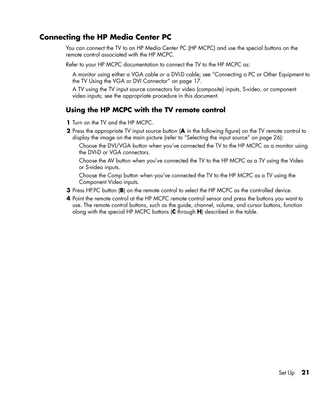 HP PE4240N 42 inch manual Connecting the HP Media Center PC, Using the HP Mcpc with the TV remote control 