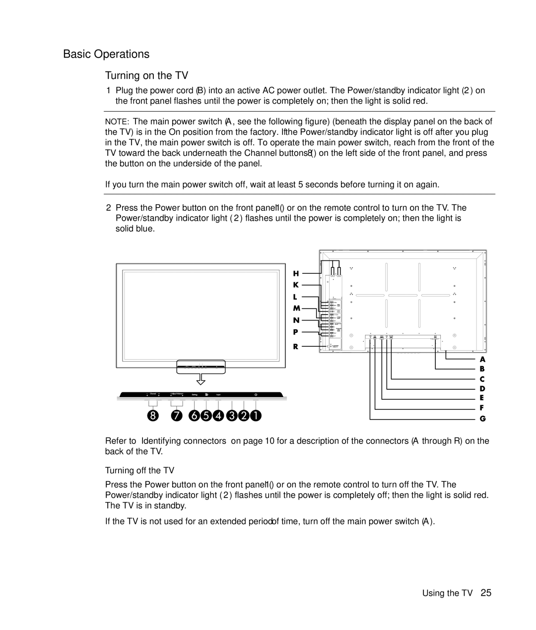 HP PE4240N 42 inch manual Basic Operations, Turning on the TV, Turning off the TV 