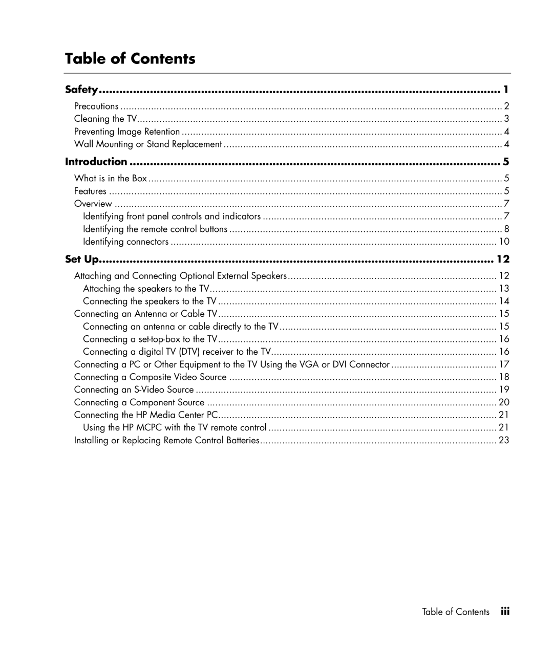 HP PE4240N 42 inch manual Table of Contents 