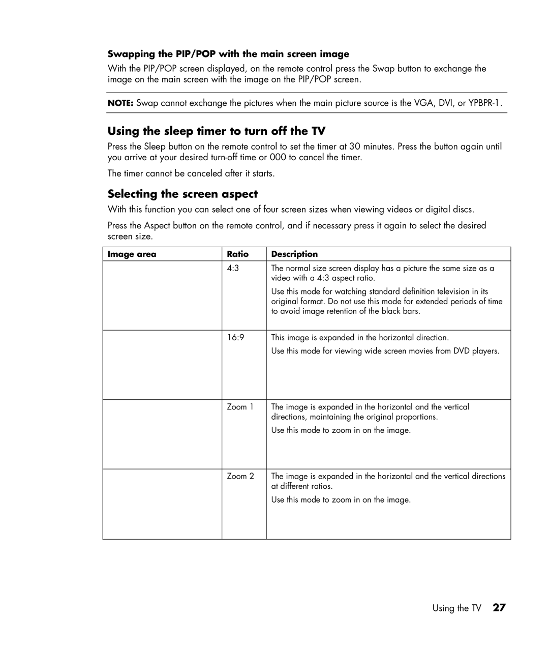 HP PE4240N 42 inch Using the sleep timer to turn off the TV, Selecting the screen aspect, Image area Ratio Description 