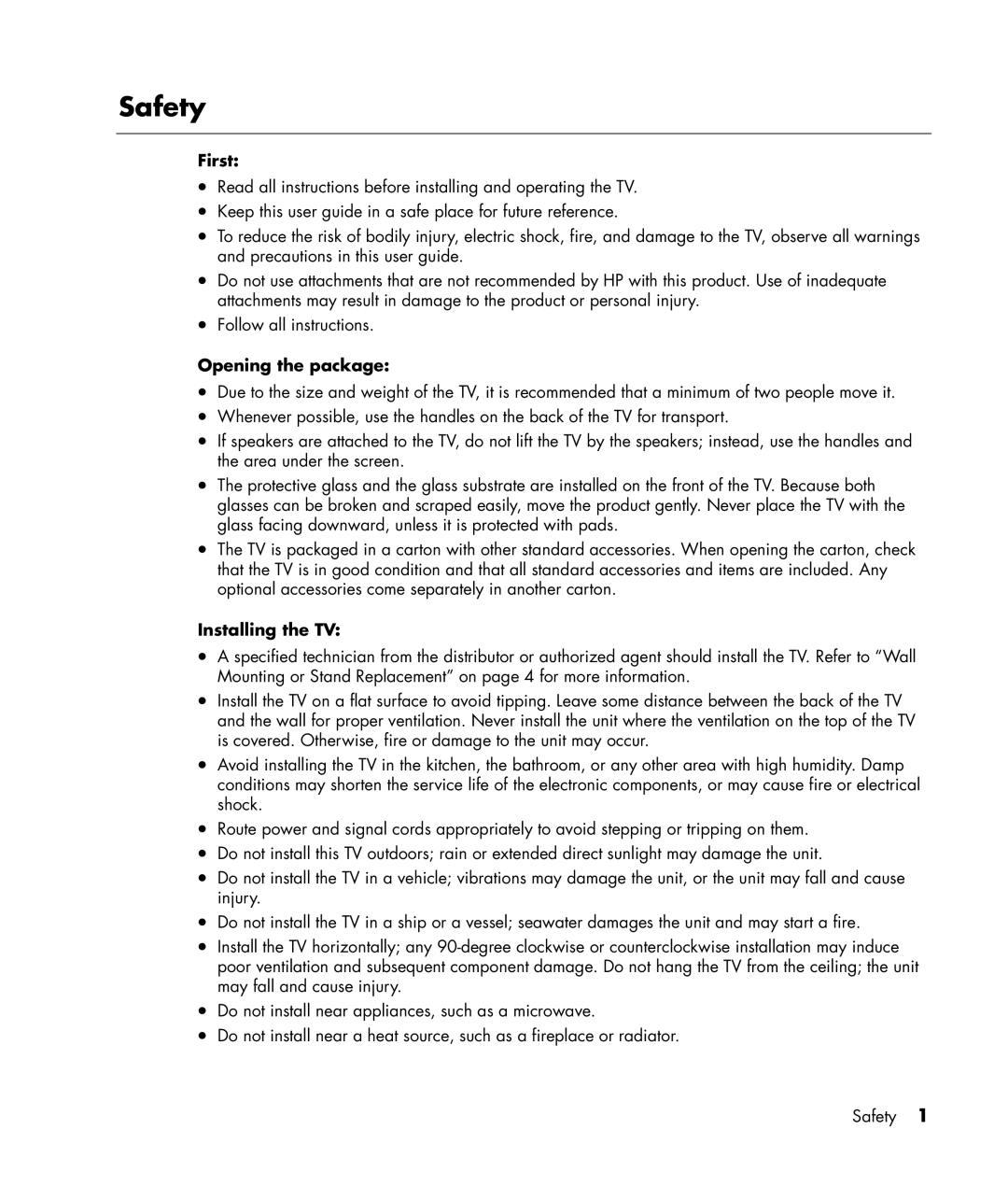 HP PE4240N 42 inch manual Safety, First, Opening the package, Installing the TV 