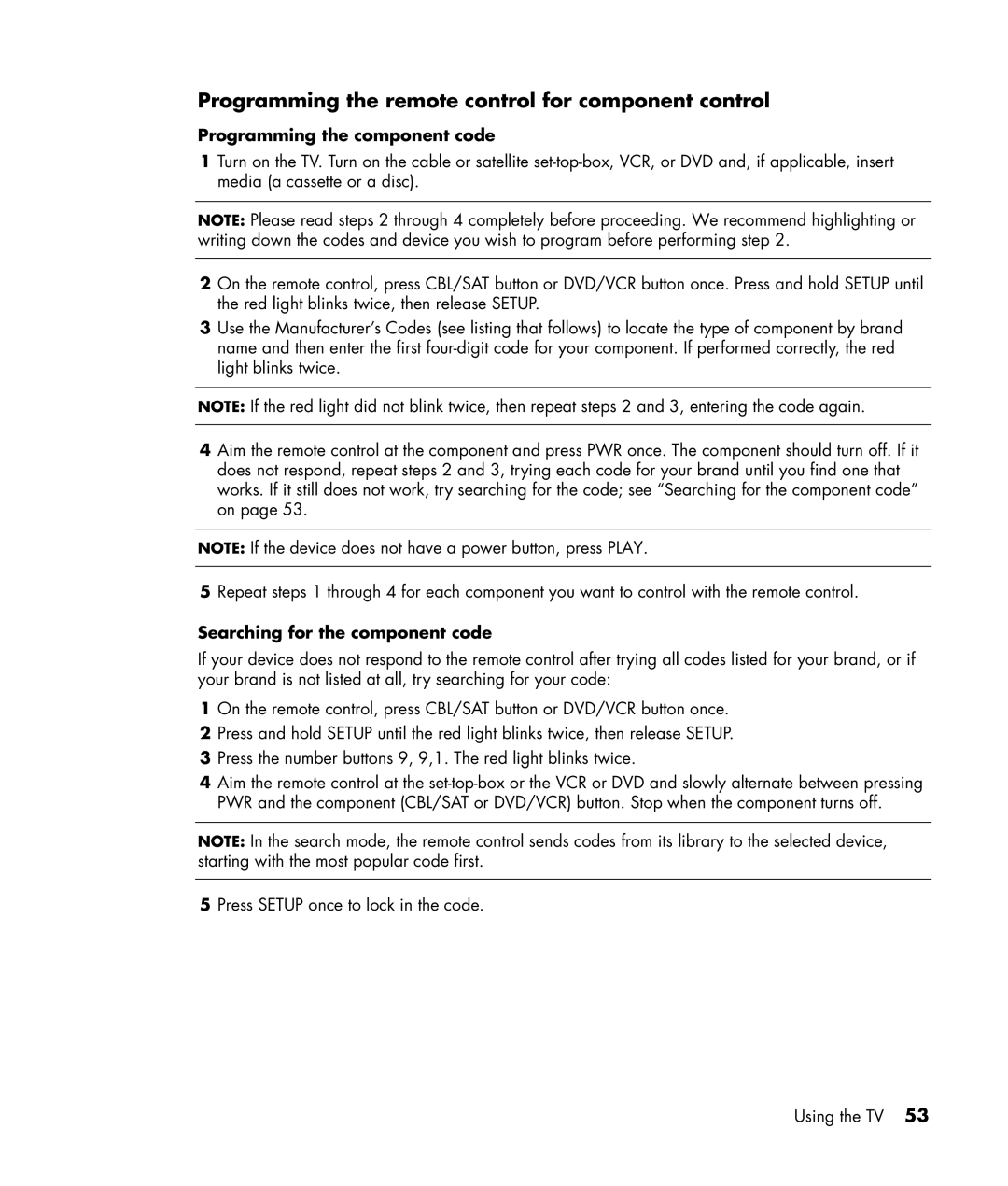 HP PE4240N 42 inch manual Programming the remote control for component control, Programming the component code 