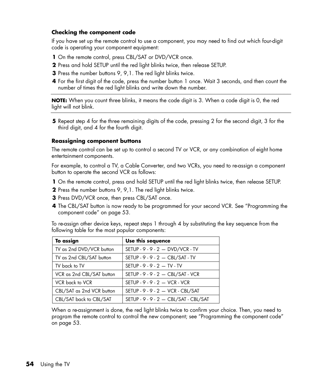 HP PE4240N 42 inch manual Checking the component code, Reassigning component buttons, To assign Use this sequence 