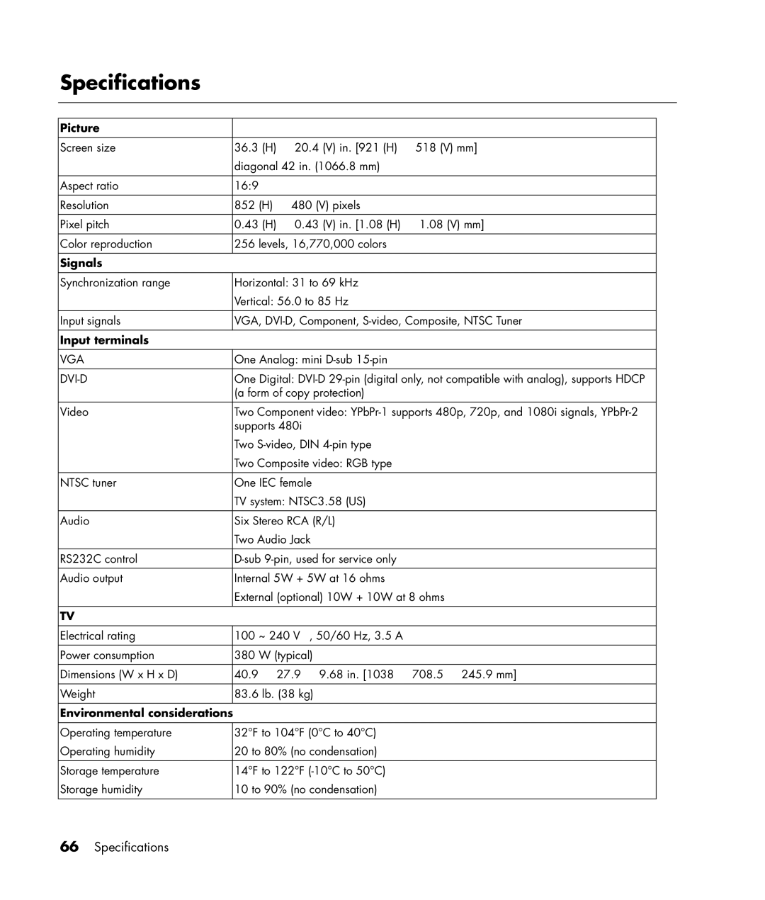 HP PE4240N 42 inch manual Specifications, Picture, Signals, Input terminals, Environmental considerations 