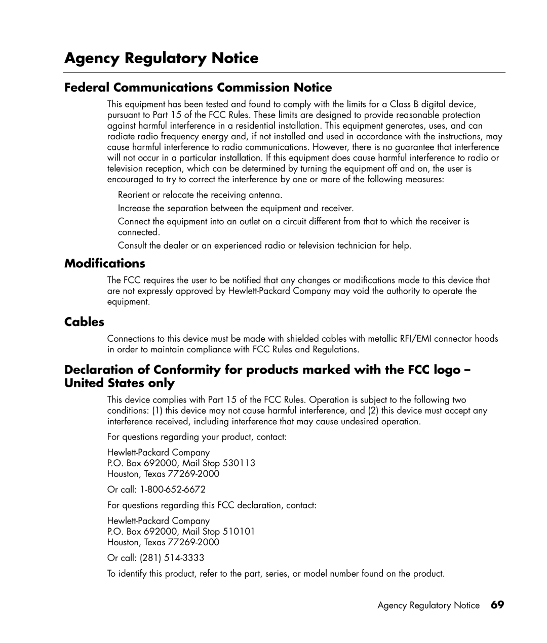 HP PE4240N 42 inch manual Agency Regulatory Notice, Federal Communications Commission Notice, Modifications, Cables 