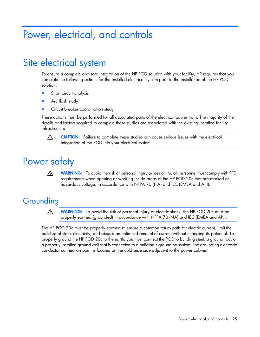 HP Performance Optimized Data Center (POD) 20cp Power, electrical, and controls, Site electrical system, Power safety 