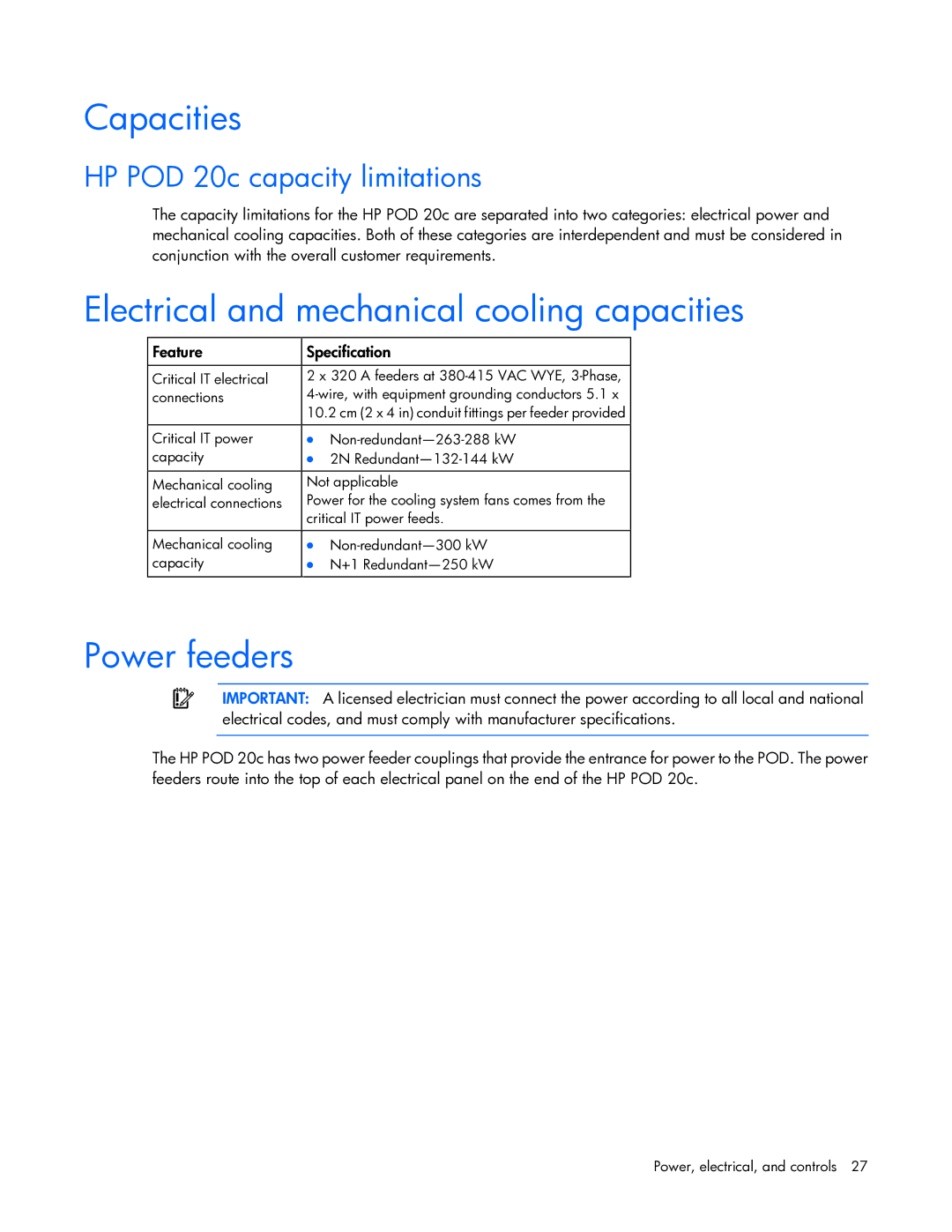 HP Performance Optimized Data Center (POD) 20cp Capacities, Electrical and mechanical cooling capacities, Power feeders 