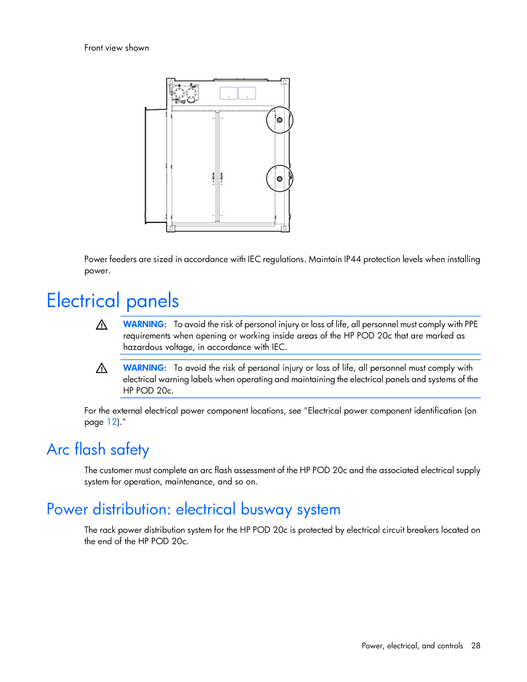 HP Performance Optimized Data Center (POD) 20cp manual Electrical panels, Arc flash safety 