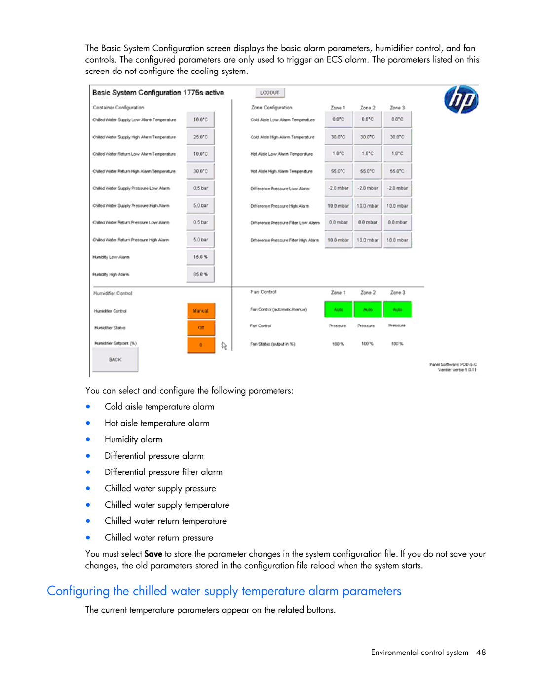 HP Performance Optimized Data Center (POD) 20cp manual Current temperature parameters appear on the related buttons 