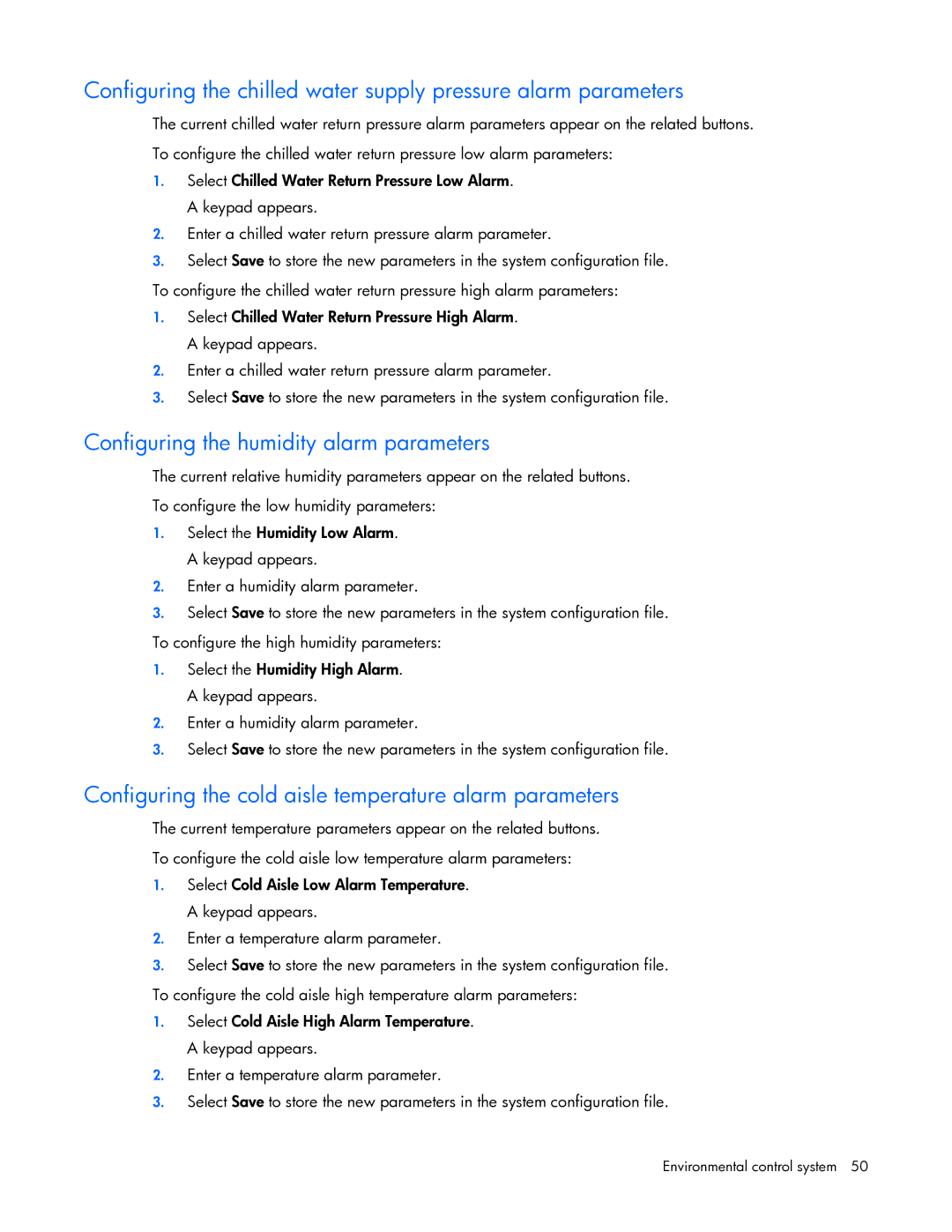 HP Performance Optimized Data Center (POD) 20cp manual Configuring the humidity alarm parameters 