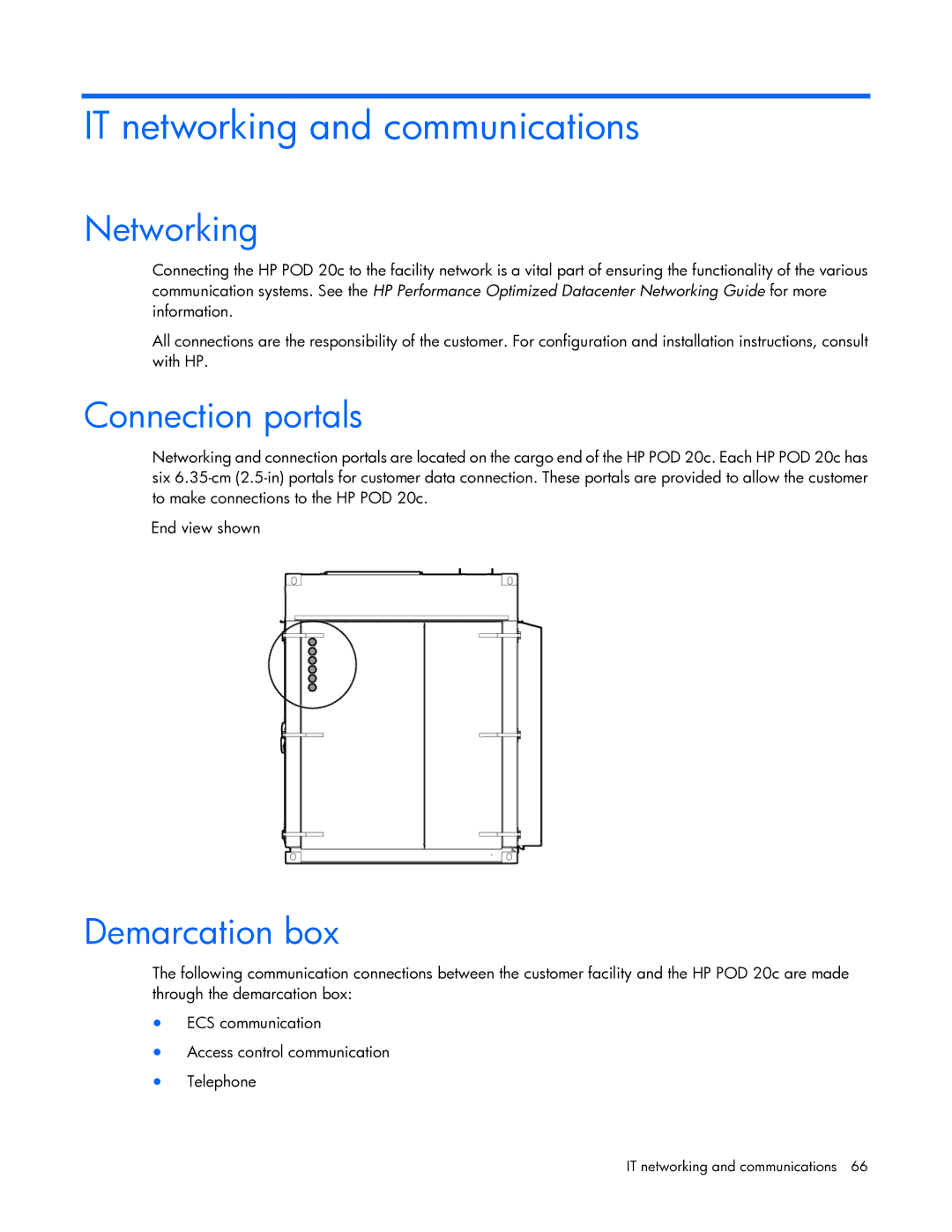 HP Performance Optimized Data Center (POD) 20cp manual IT networking and communications, Networking, Connection portals 