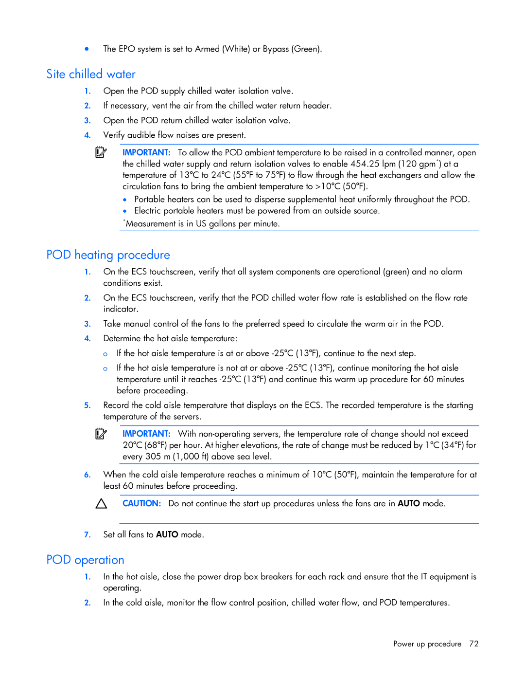 HP Performance Optimized Data Center (POD) 20cp manual POD heating procedure 