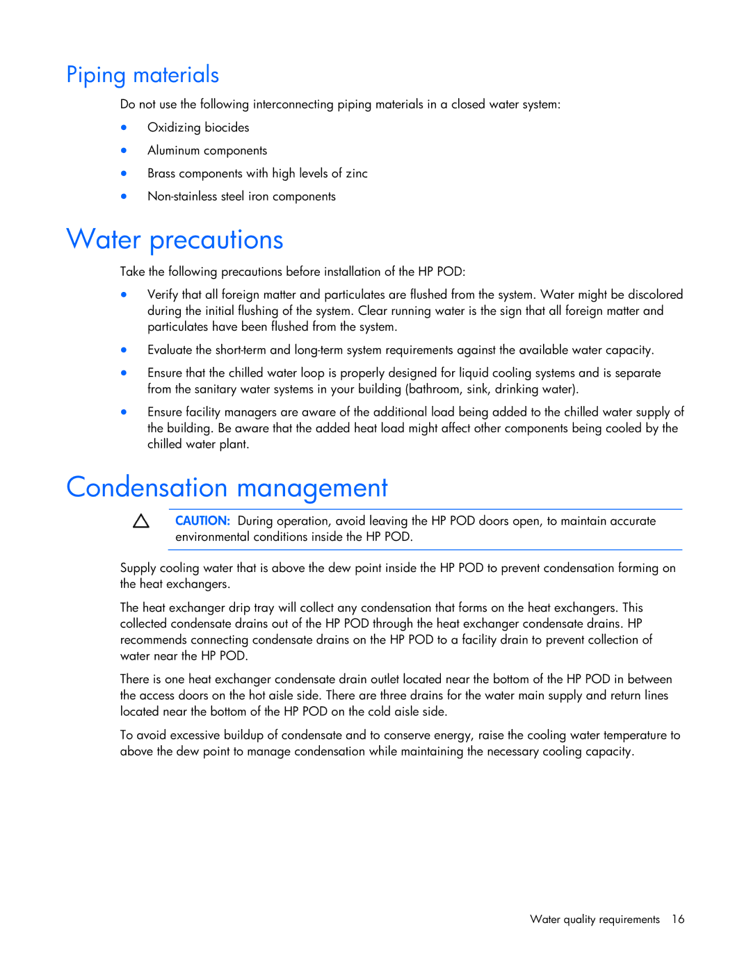 HP Performance Optimized Data Center (POD) 20cp manual Water precautions, Condensation management, Piping materials 