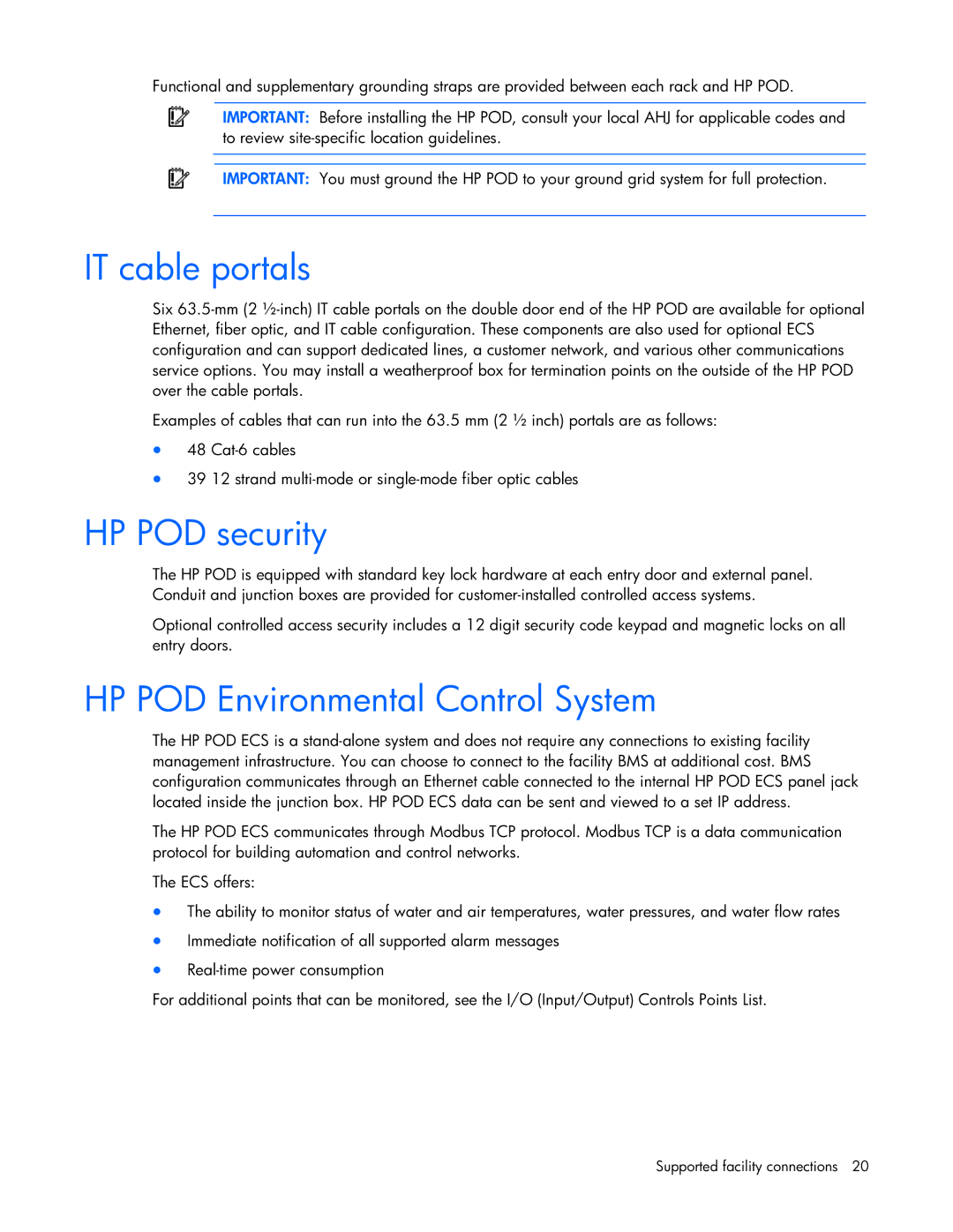 HP Performance Optimized Data Center (POD) 20cp IT cable portals, HP POD security, HP POD Environmental Control System 