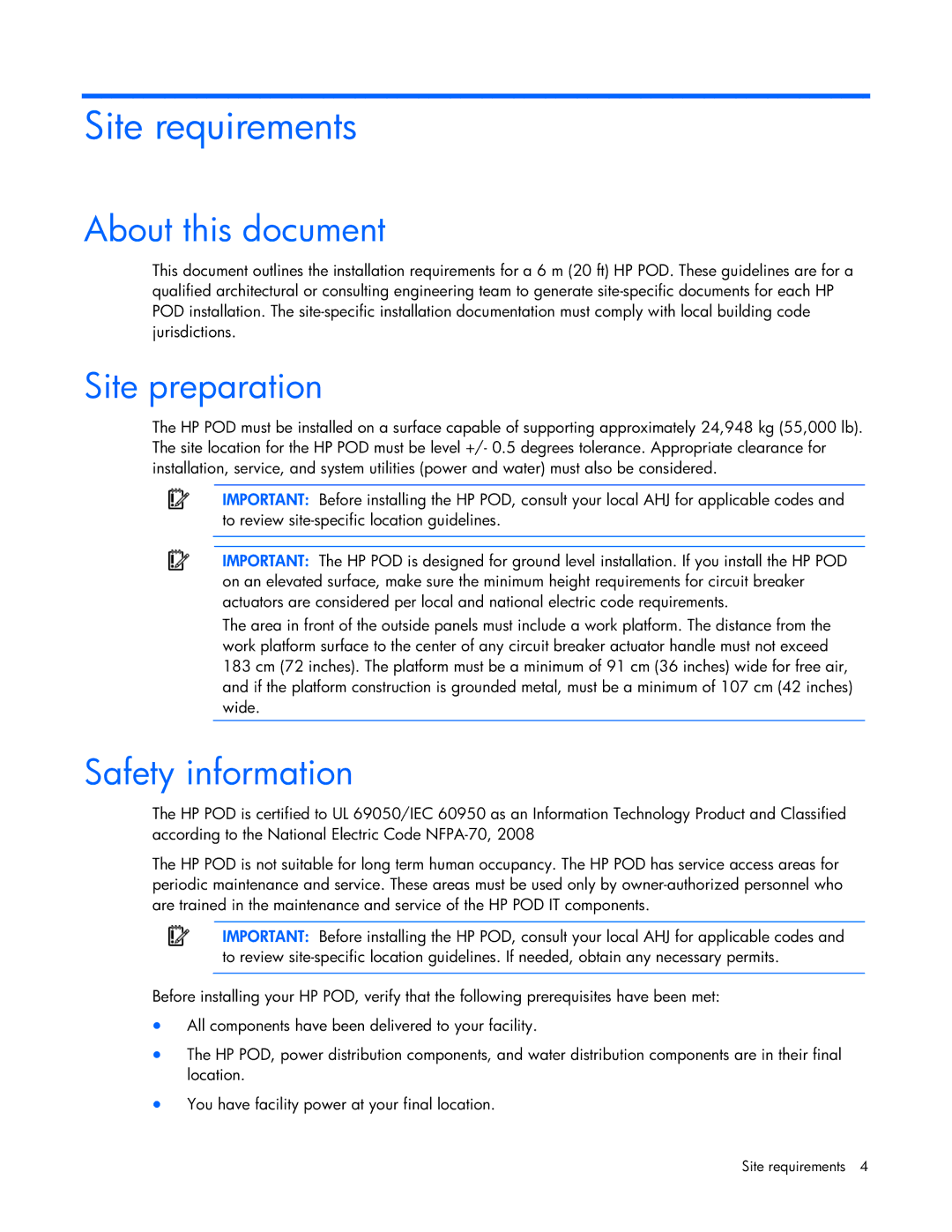 HP Performance Optimized Data Center (POD) 20cp manual Site requirements, About this document, Site preparation 