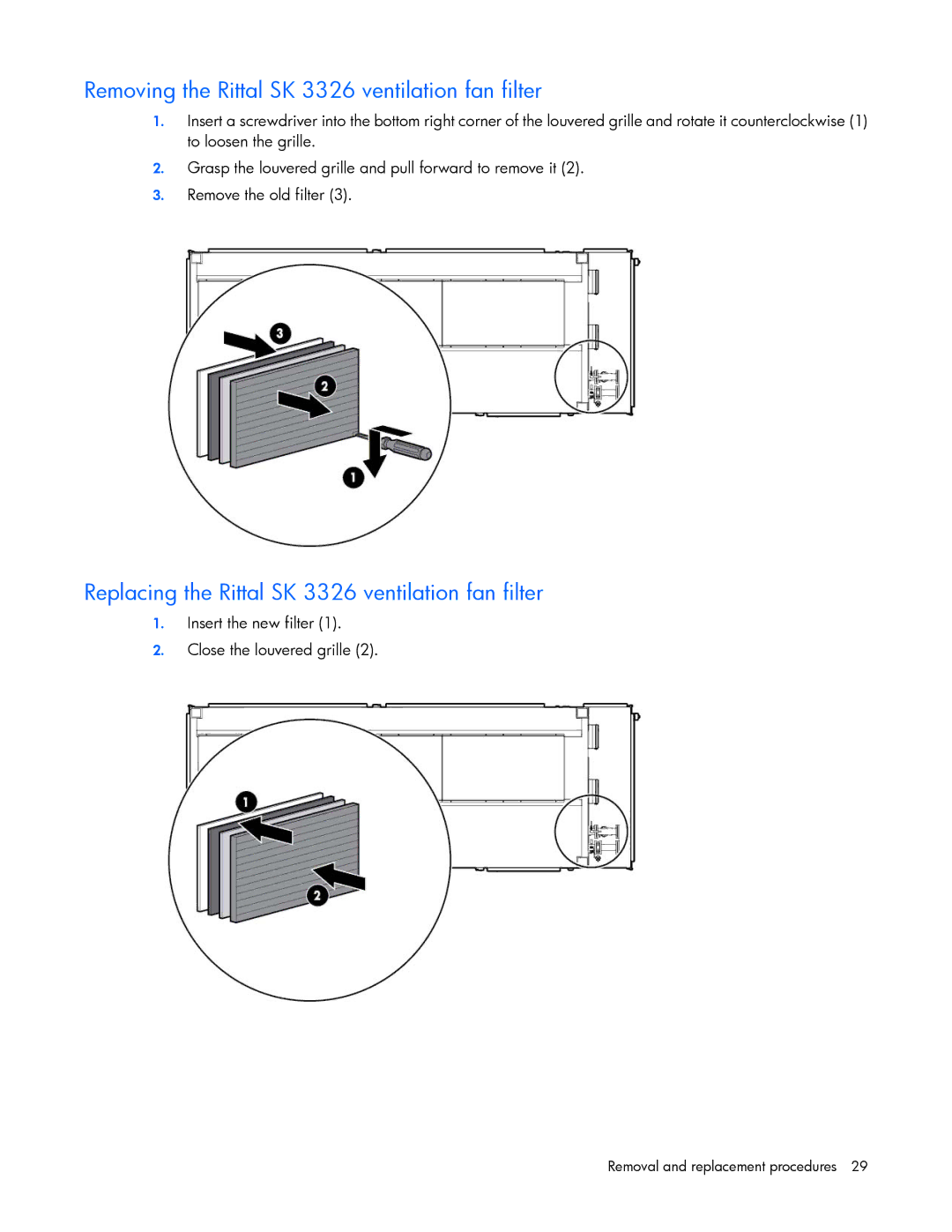 HP Performance Optimized Data Center (POD) 20cp manual Removing the Rittal SK 3326 ventilation fan filter 