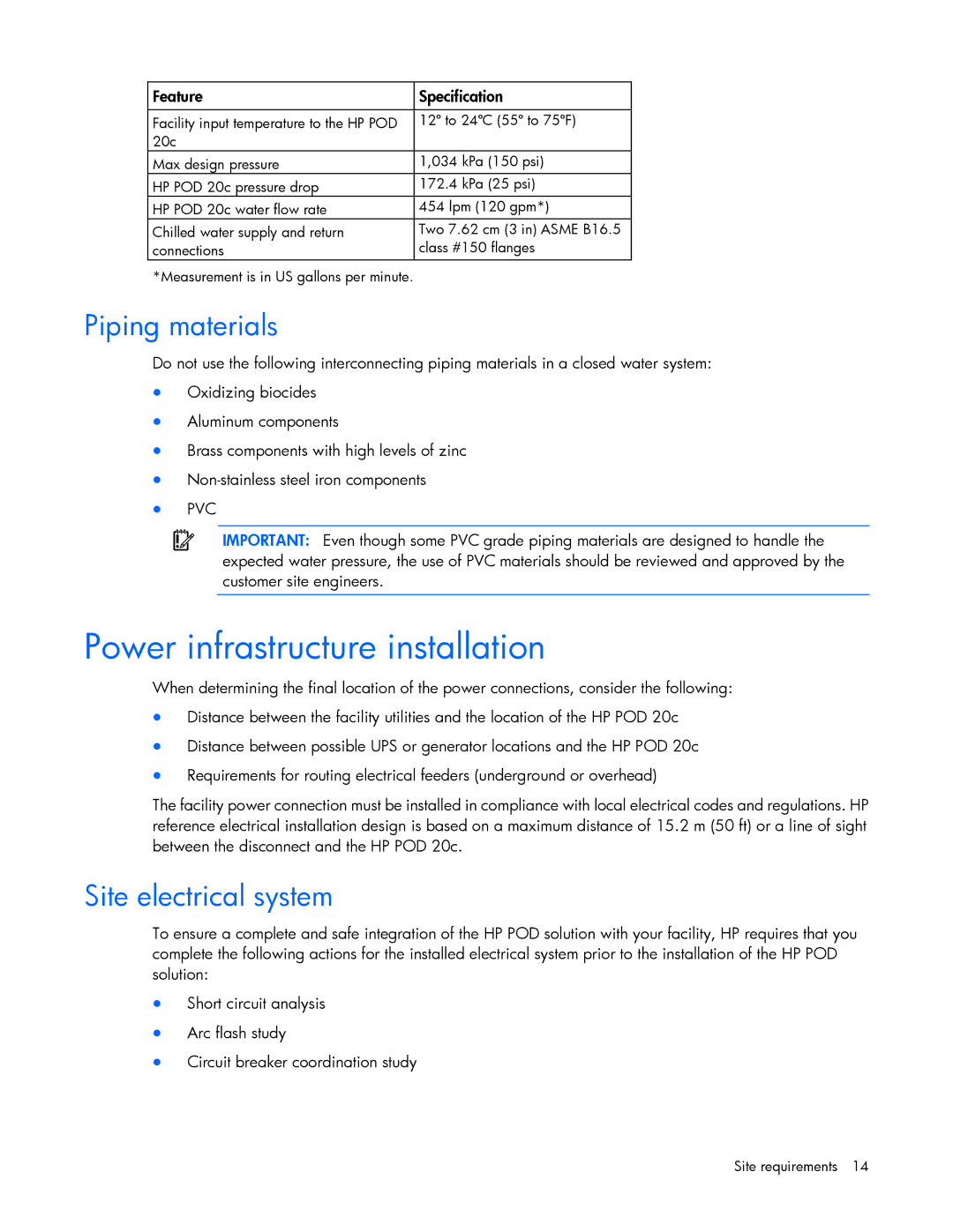 HP Performance Optimized Data Center (POD) 20cp manual Power infrastructure installation, Piping materials 