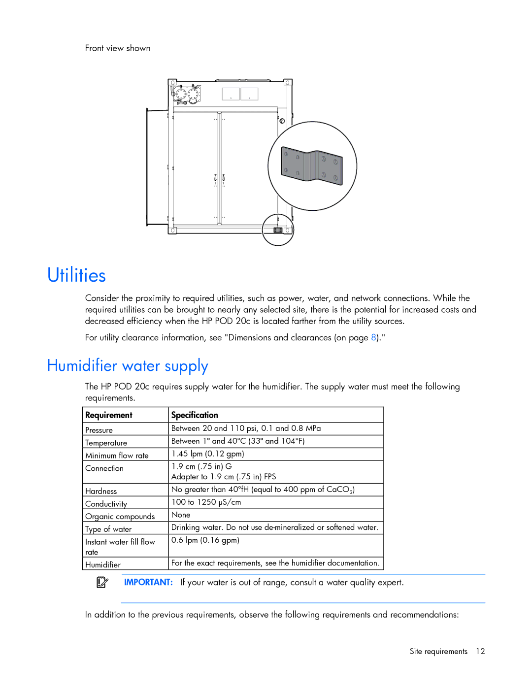 HP Performance Optimized Data Center (POD) 20cp manual Utilities, Humidifier water supply, Front view shown 