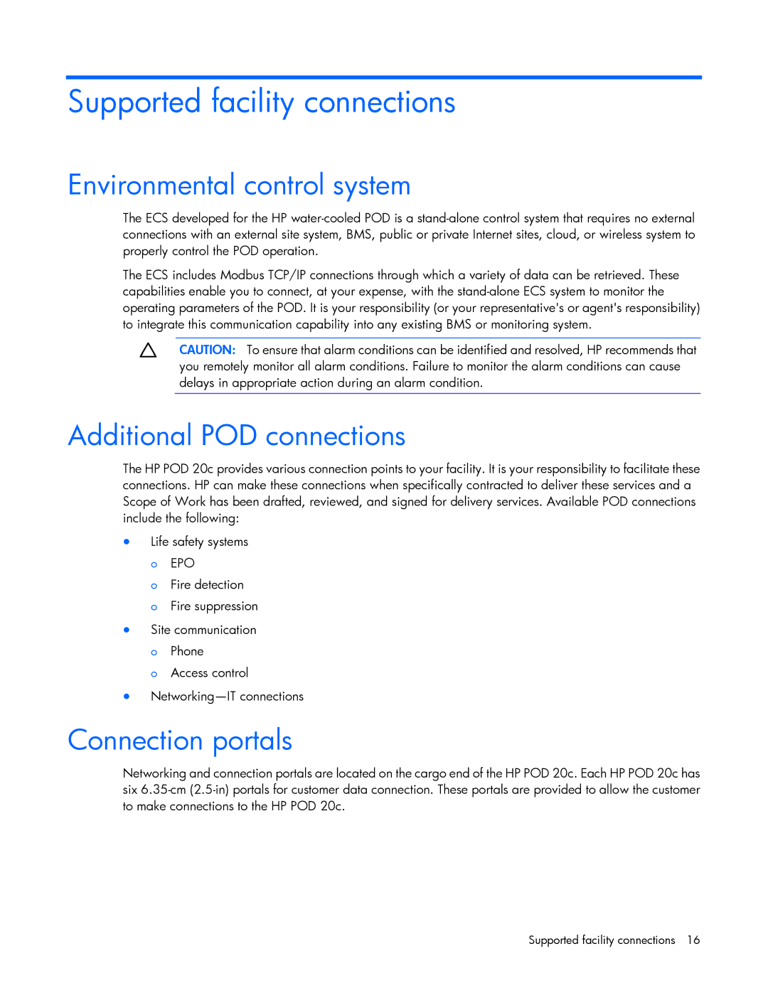 HP Performance Optimized Data Center (POD) 20cp manual Supported facility connections, Environmental control system 