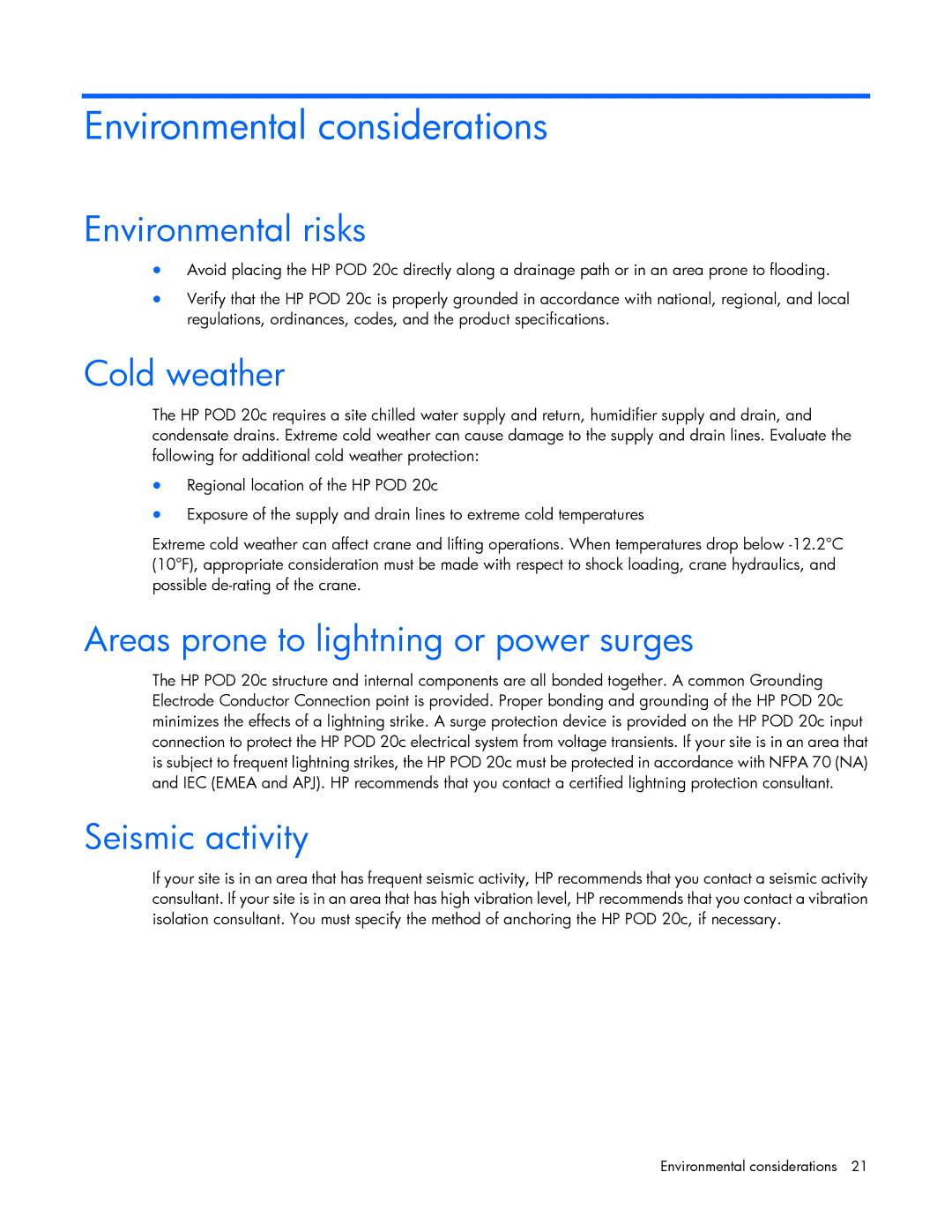 HP Performance Optimized Data Center (POD) 20cp manual Environmental considerations, Environmental risks, Cold weather 