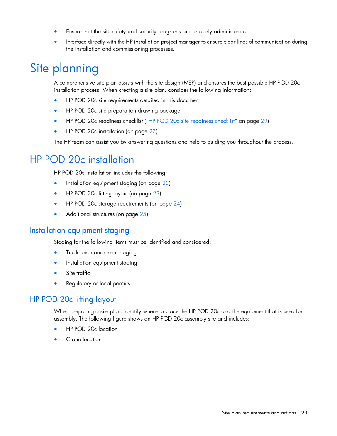 HP Performance Optimized Data Center (POD) 20cp manual Site planning, HP POD 20c installation 