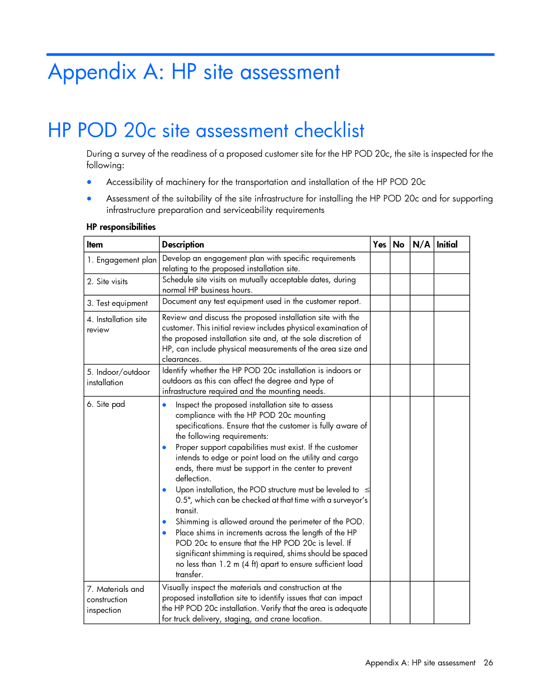 HP Performance Optimized Data Center (POD) 20cp manual Appendix a HP site assessment, HP POD 20c site assessment checklist 