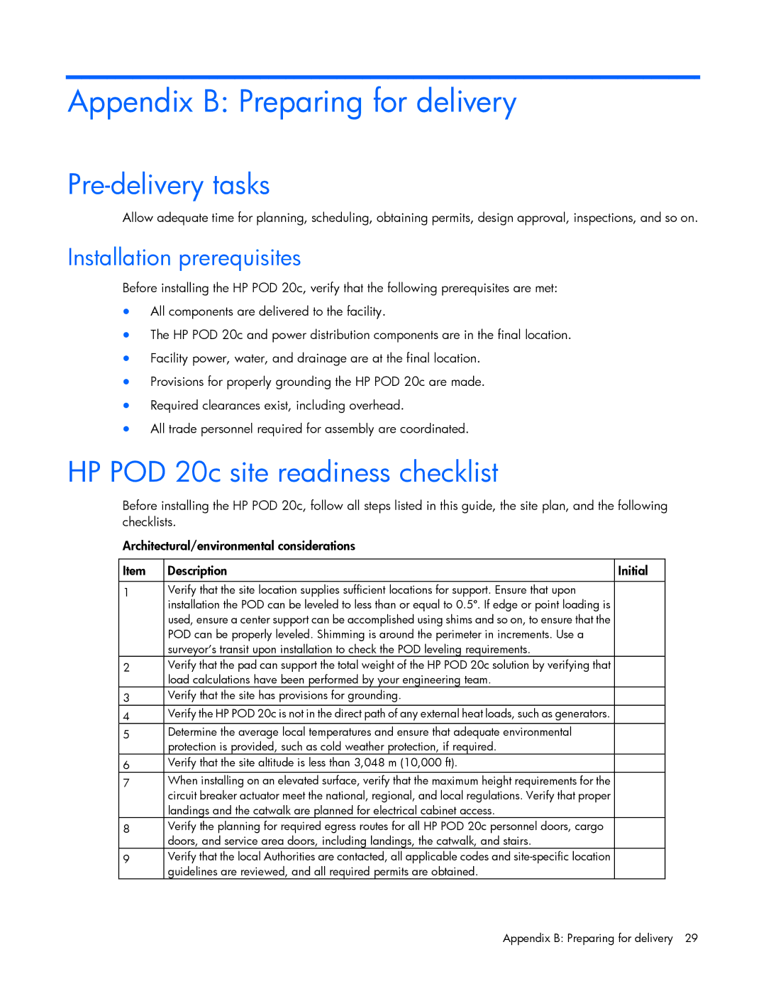 HP Performance Optimized Data Center (POD) 20cp manual Appendix B Preparing for delivery, Pre-delivery tasks 