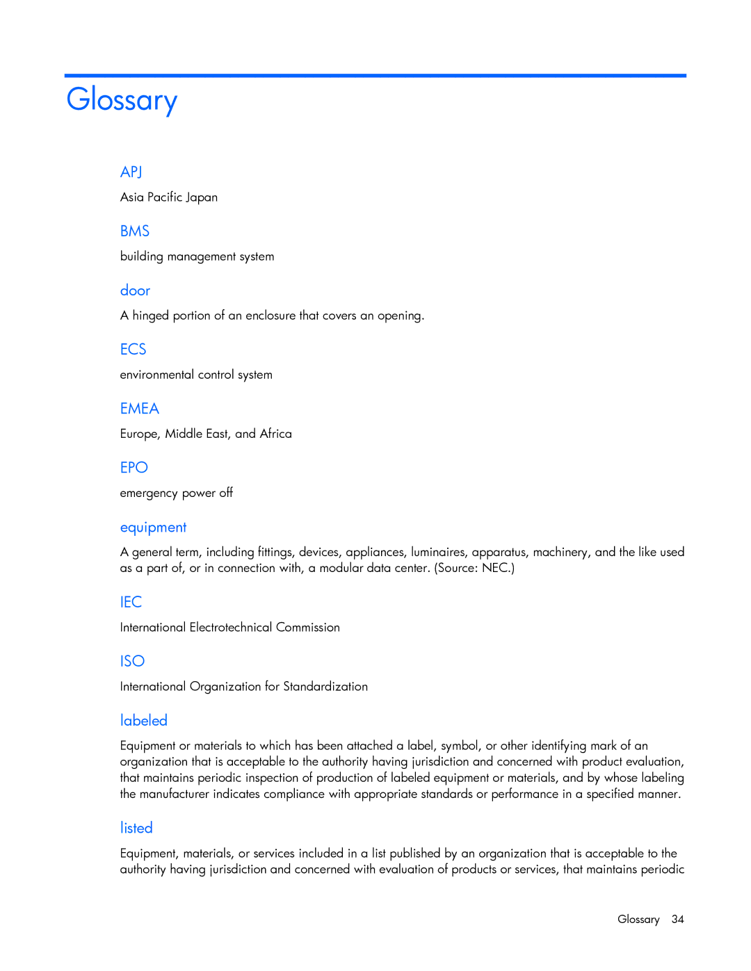 HP Performance Optimized Data Center (POD) 20cp manual Glossary 