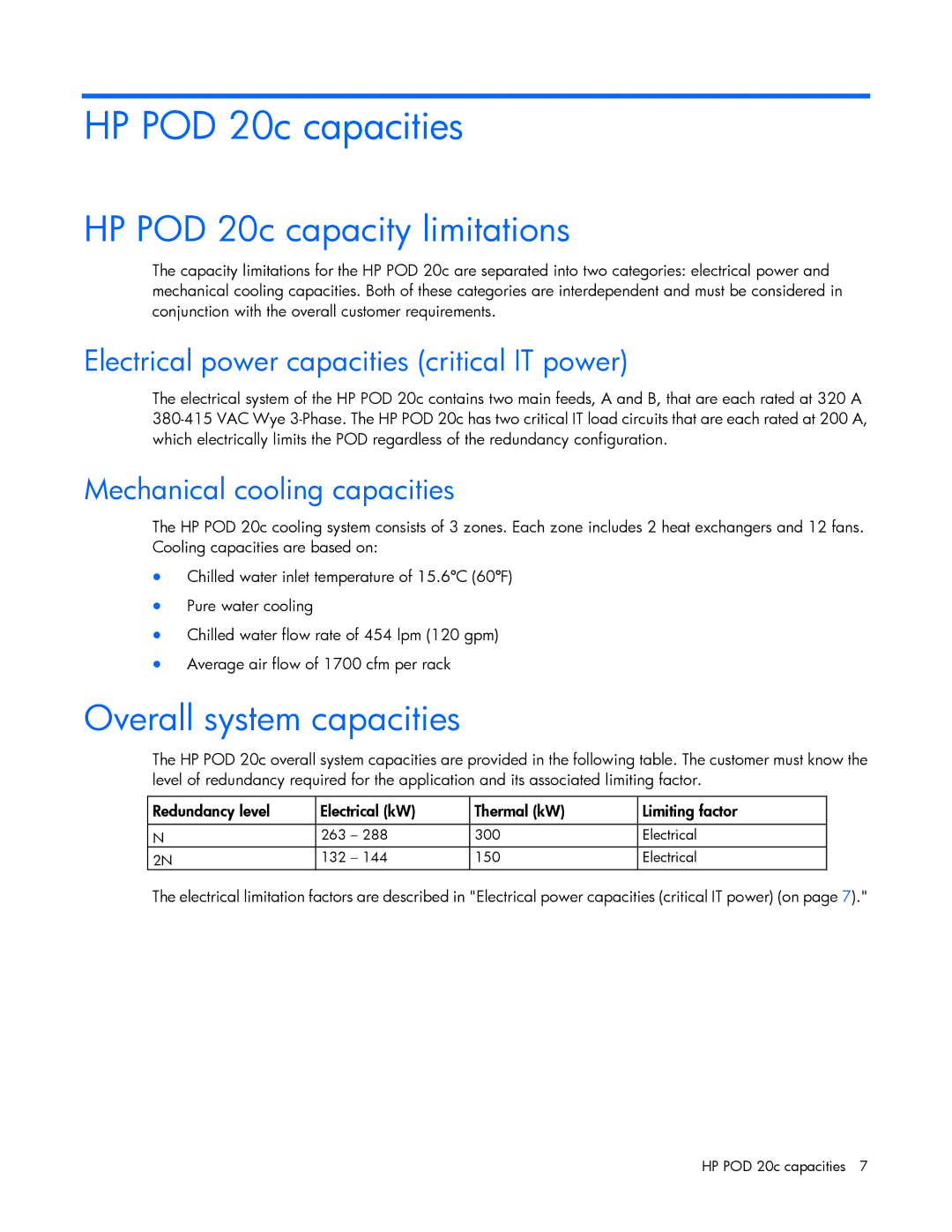 HP Performance Optimized Data Center (POD) 20cp manual HP POD 20c capacities, HP POD 20c capacity limitations 